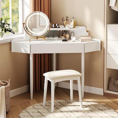 Modern Corner Makeup Vanity Desk with Large Storage, LED Mirror and Stool