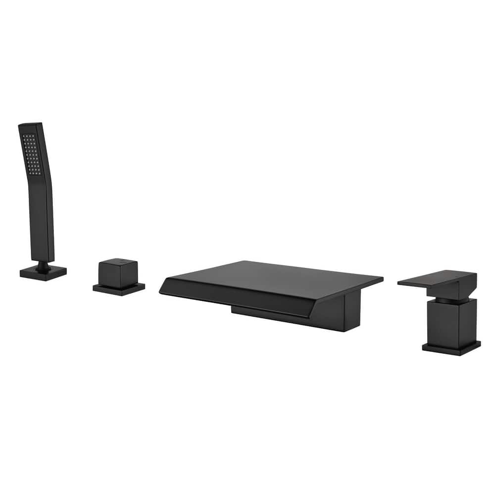 Waterfall Deck Mount Tub Faucet with Handheld Shower Brass 4 Holes Modern Bathtub Filler with Hand Sprayer