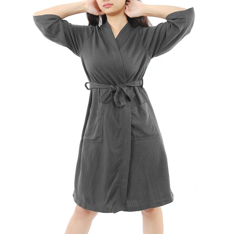 Women's Nightgown 3/4 Sleeve Kimono Robe Waffle Bathrobe with Pockets - Gray - XL