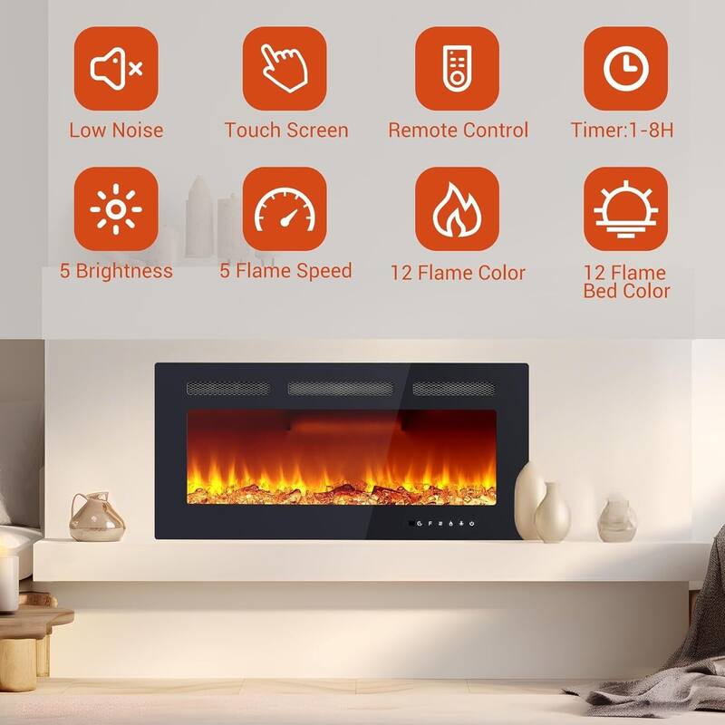 Wall Mount Electric Fireplace, Touch Screen and Remote Control, 12 Flame Colors