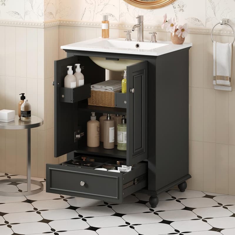 24" Bathroom Vanity with Ceramic Sink, Storage Cabinet with Soft-Close Doors and Drawer with Dividers