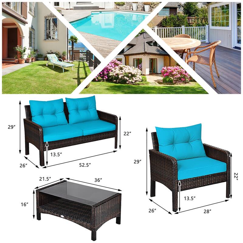 4PCS Patio Rattan Conversation Furniture Set Outdoor Wicker Sofa Set