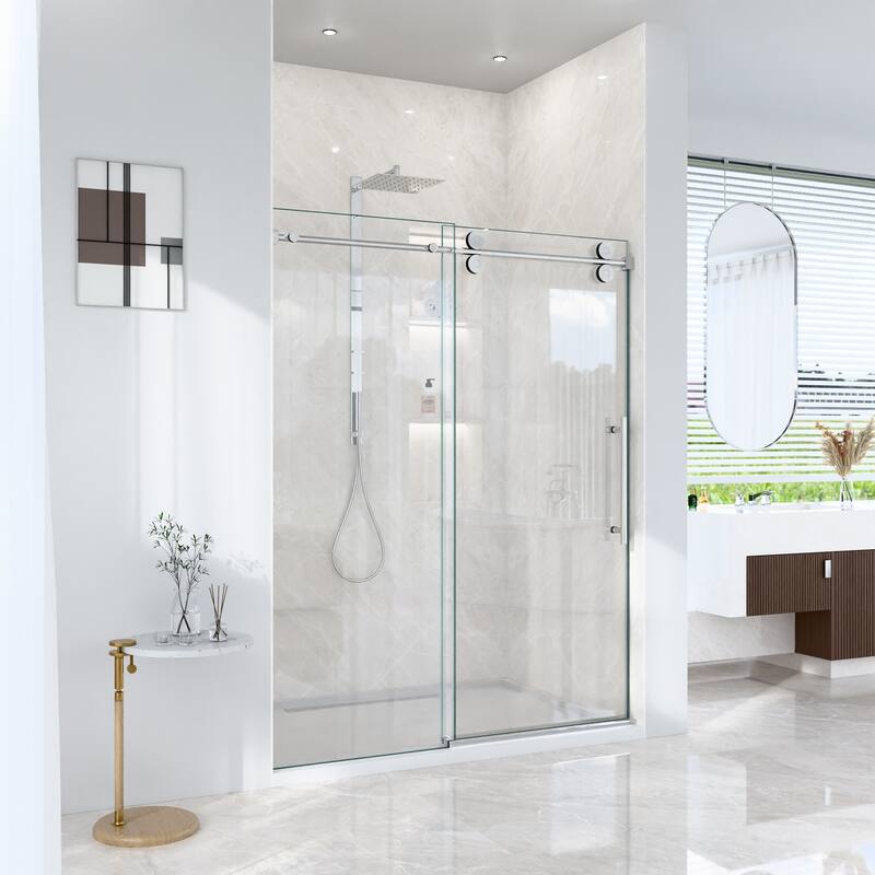 GDFStudio - Modern America Design Frameless Single Sliding Shower Door with 5/16" SGCC Tempered Glass & Stainless Steel Hardware