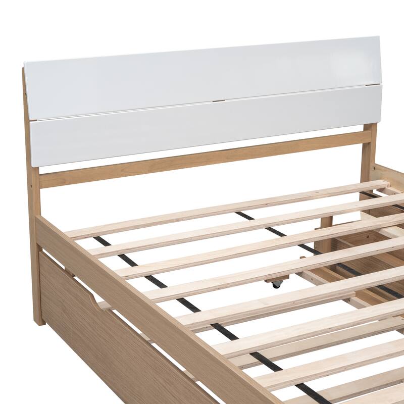 Full Size Platform Bed Concise Bed Frame Wood Slat Support with Twin Size Trundle and 2 Drawers, Headboard and Footboard