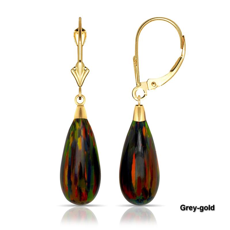 Curata 14K Yellow Gold Tear-drop Created Opal Dangle Leverback Earrings - Grey