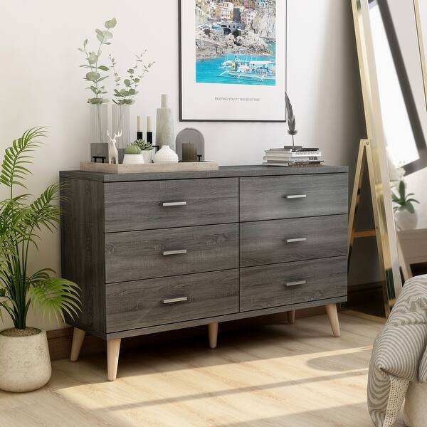 DH BASIC Mid-Century Modern Distressed Grey 47-inch Wide 6-Drawer Dresser with Bar Pulls by Denhour