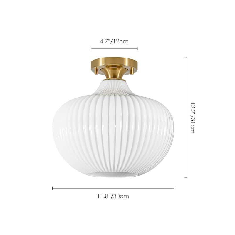 1-Light Modern Elegant Ribbed Glass Flush Mount with Brushed Brass/Matte Black Finish for Bedroom & Foyer