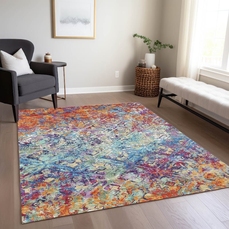 Machine Washable Indoor/ Outdoor Chantille Distressed Diamonds Rug