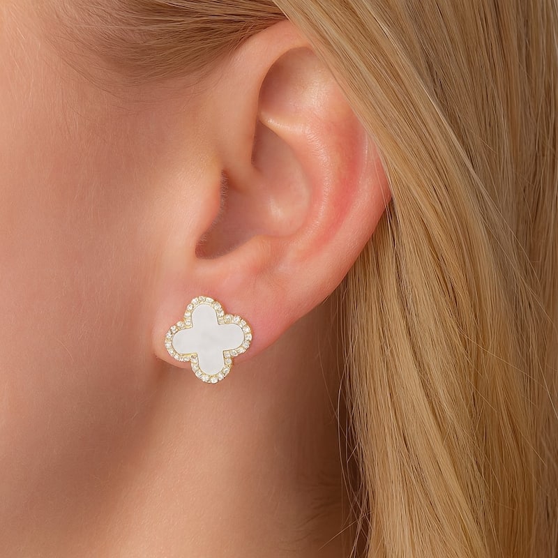 Mother of Pearl and Cubic Zirconia Clover Stud Earrings