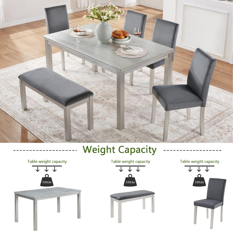 6-Piece Wood Grain Dining Table Set with Bench and Waterproof Curved Backrest Chairs, Anti-Slip Footpads Gray