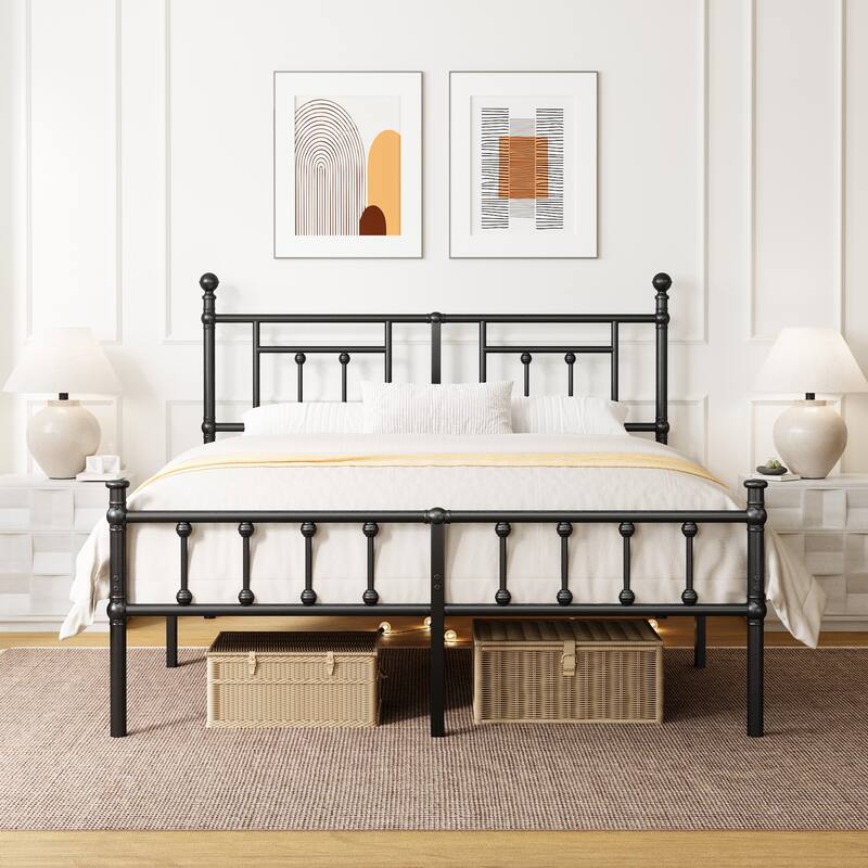 Black Metal Bed Frame with Headboard and Underbed Storage, Easy Assembly - King