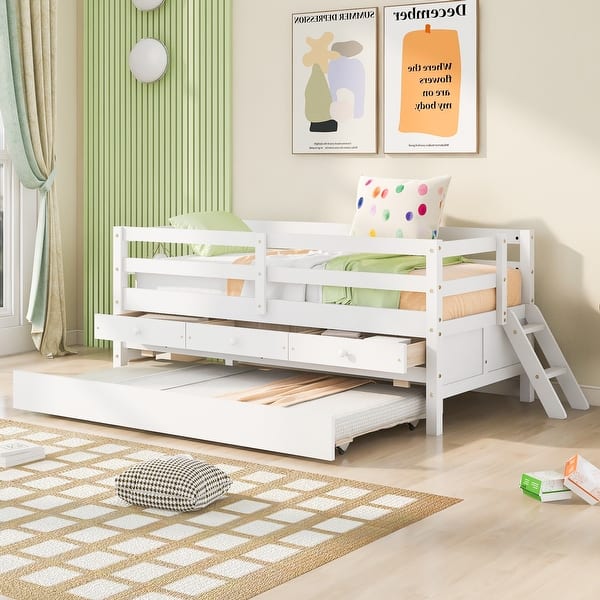 slide 2 of 8, White Solid Pine Wood Low Loft Bed Twin Size with Full Safety Fence, Storage Drawers, and Trundle White