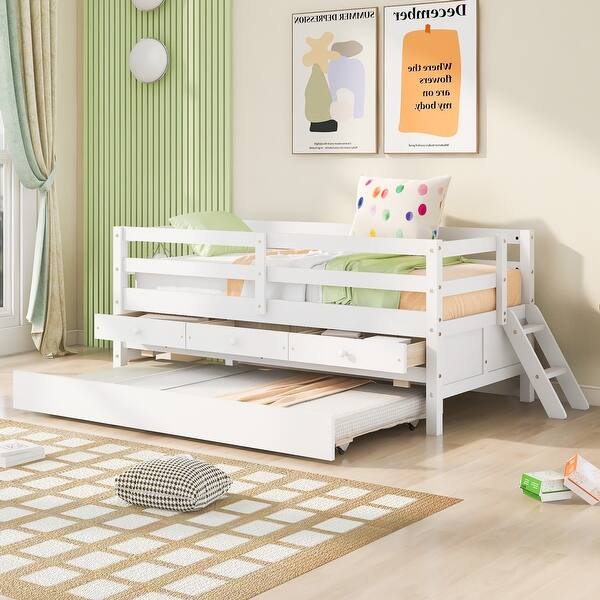 slide 2 of 8, White Solid Pine Wood Low Loft Bed Twin Size with Safety Fence and Trundle White