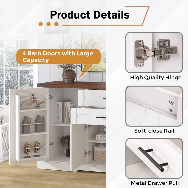 Coffee Bar Cabinet with Barn Doors & Drawers, Sideboard with Adjustable Shelves & Door Rack, Large Kitchen Storage Cabinet