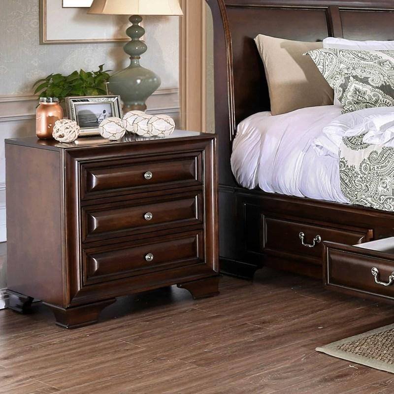 Brown Cherry Solid Wood Nightstand, 3 Drawers, Nickel Knob, Transitional Style w/ Nightlight