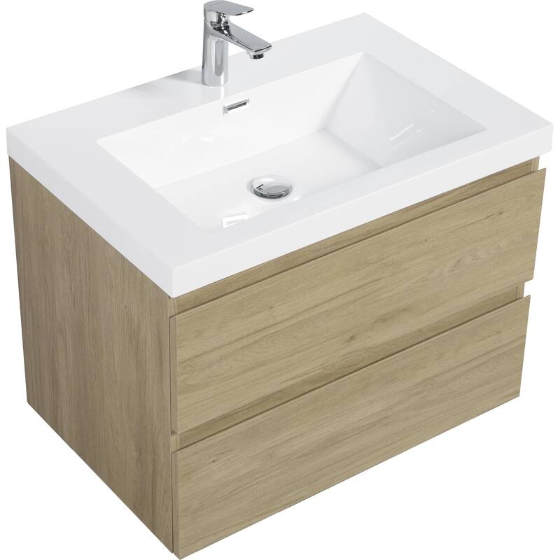 35.5-Inch Floating Bathroom Vanity with Glossy Resin Sink, Ash Grey Color, Wall-Mounted Design, 2 Drawers
