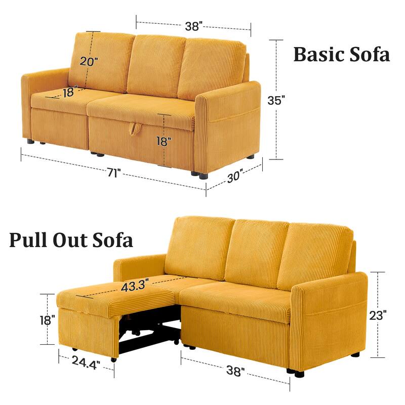 Pocassy 71" Corduroy Fabric Modern 3 Seater L-Shaped Sofa with Reversible Chaise