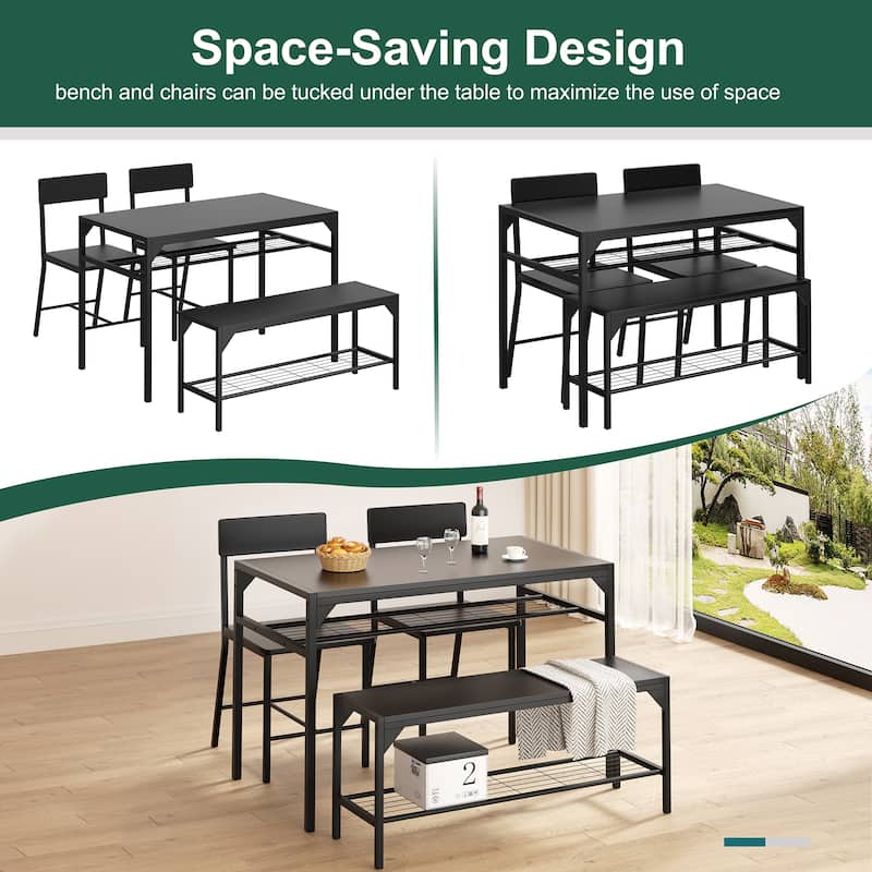 4-Piece Dining Set with Bench & Chairs - Space-Saving Table Set for Kitchen, Breakfast Nook