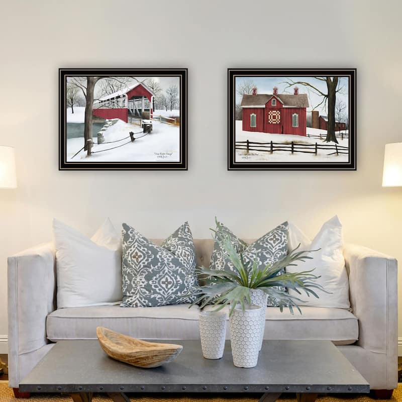 2-Piece Framed Wall Art Set - Lovers Knot Quilt Barn & Covered Bridge, Black Frame