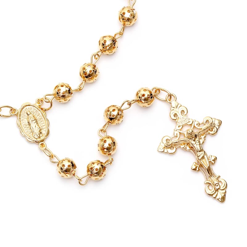 Roberto Martinez Gold or Platinum Plated Silver 6.5 mm Filigree Bead Rosary Necklace