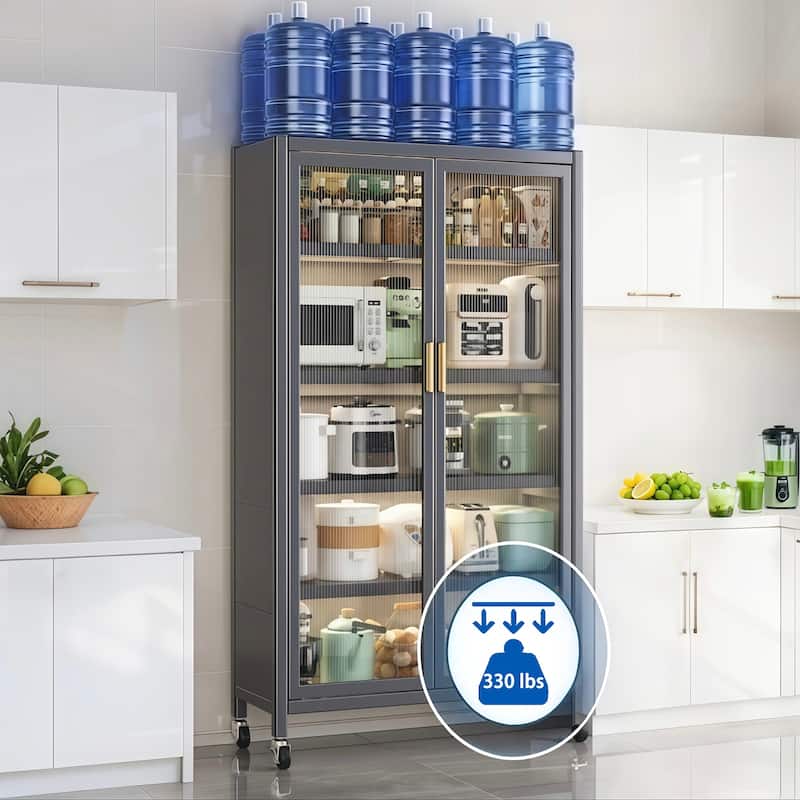 65" Kitchen Pantry Storage Cabinet on Wheels, 6 Tier Metal Display Storage Cabinet with Transparent Door & Adjustable Shelves
