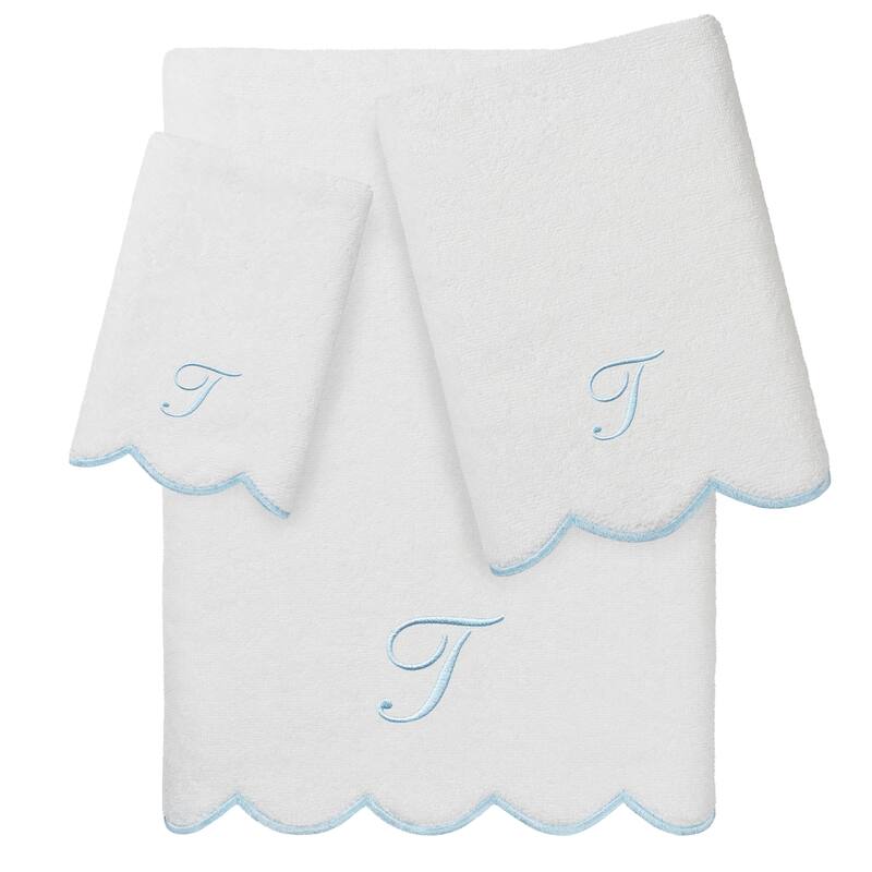 Authentic Hotel and Spa 100% Turkish Cotton Blue ADORNIA Scallop Personalized 3 Piece Towel Set - 3 Piece Set - T