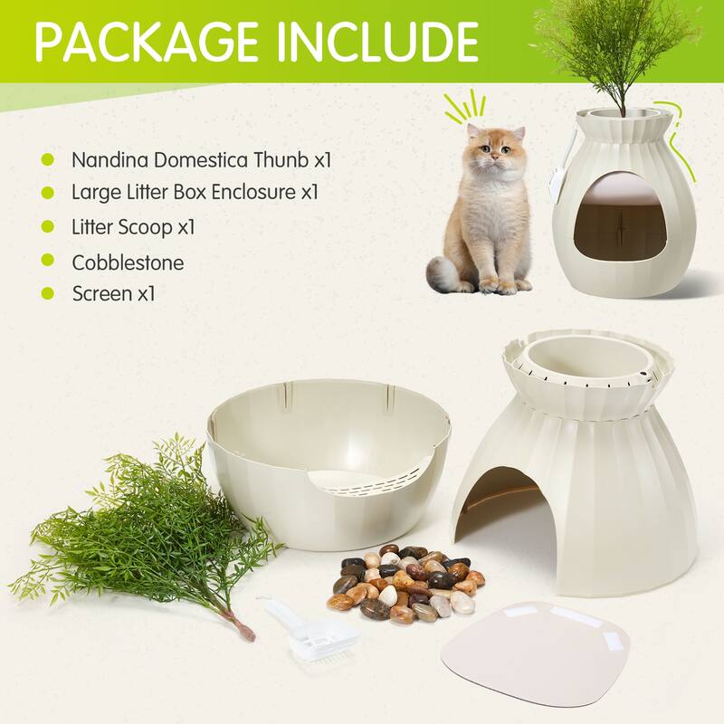 EROMMY Hidden Cat Litter Box Enclosure with Artificial Plants, Plasma Sterilization System