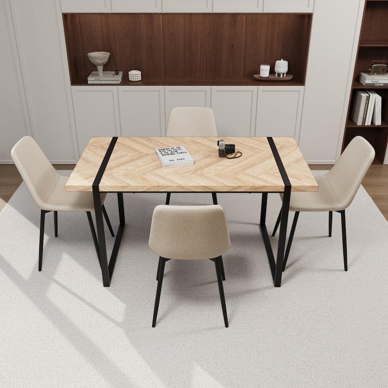 Modern 5-Piece Dining Set with Light Wood Rectangular Metal Base Table & 4 Square Corner Suede Chairs