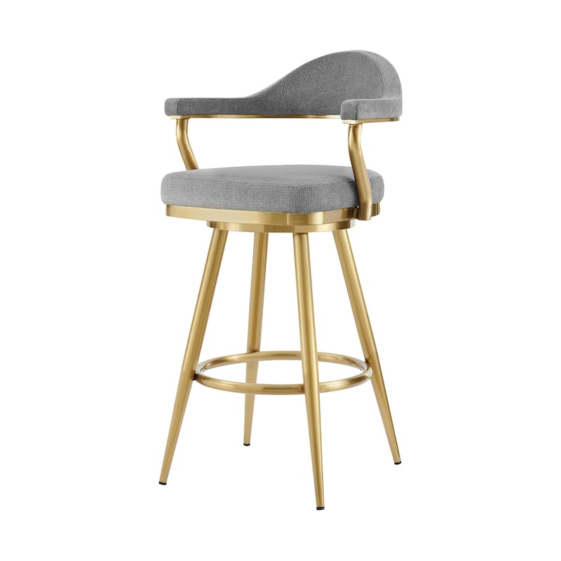 HomeRoots 30" Gray and Gold Fabric and Stainless Steel Low Back Bar Height Swivel Bar Chair