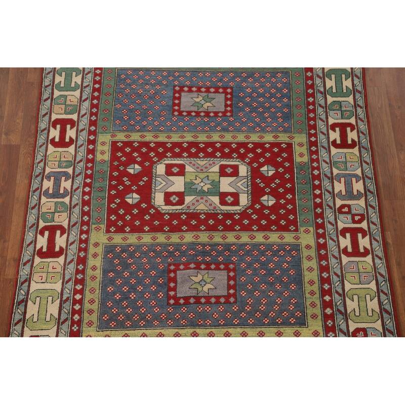Geometric Kazak Area Rug Hand-Knotted Wool Carpet - 5'0" x 6'5"