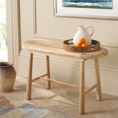 SAFAVIEH Antonieta Teak & Rattan Solid Wood Bench (Fully Assembled) - 30.9 In. W x 13.8 In. D x 18.1 In. H - 31Wx14Dx18H