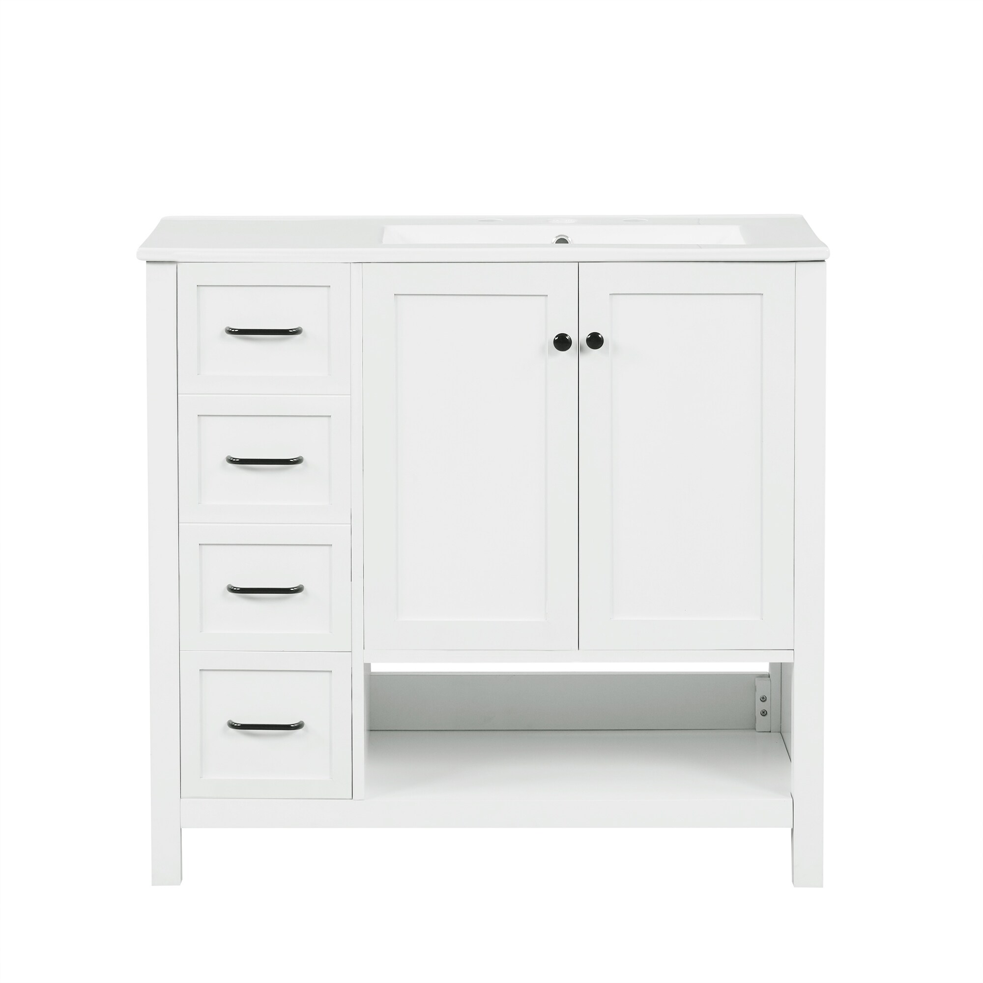 36" Freestanding Bathroom Vanity with Ceramic Top Sink, Solid Wood Bathroom Storage Cabinet with 2 Drawers and Open Shelf