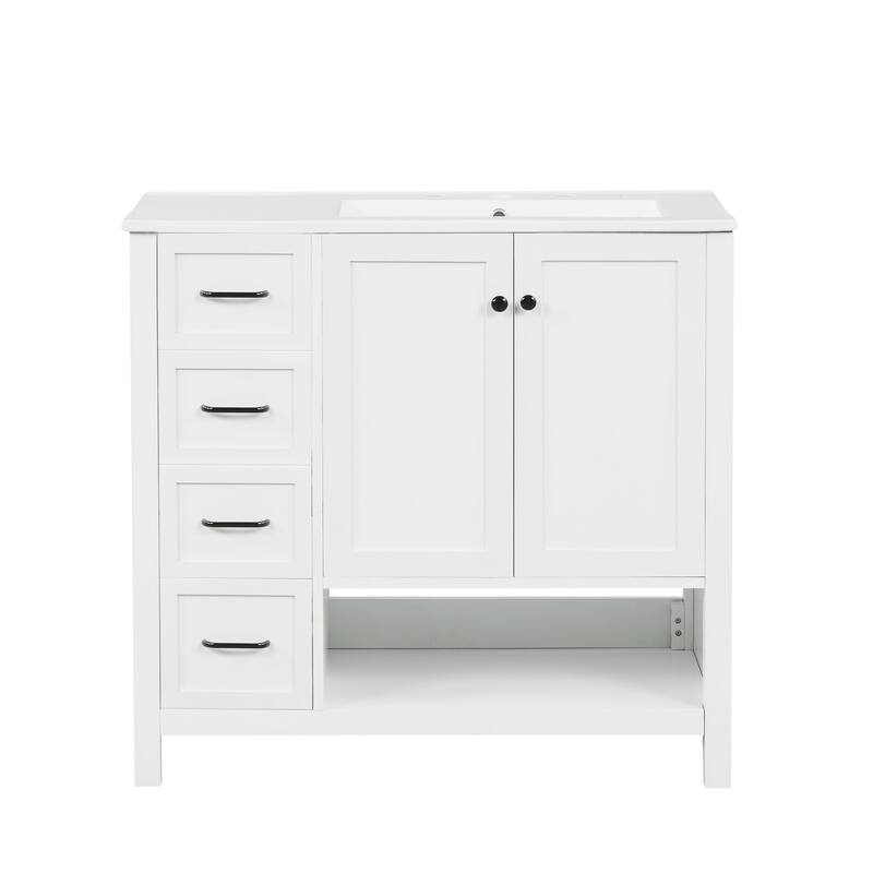 Freestanding Storage Cabinet Bathroom Vanity with Drop-In Sink, Ceramic Top, 2 Doors, 2 Drawers and Open Shelf