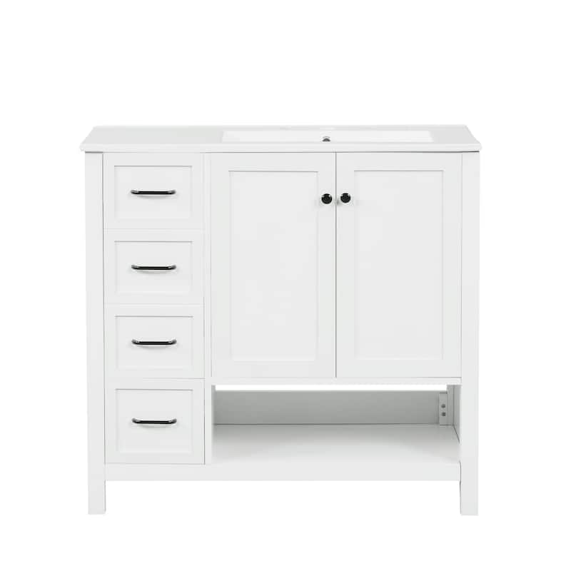 Merax Solid Wood Bathroom Vanity with Ceramic Sink Top & Open Shelf Storage