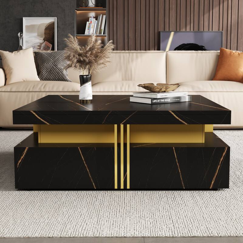 Roomfitters Modern Square Coffee Table, 4 Hidden Storage Compartments with Gold Accents, Contemporary Living Room Center Table - Black