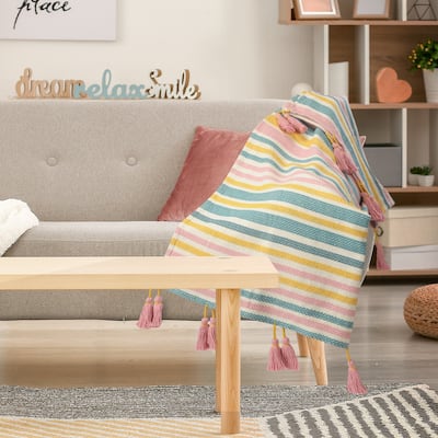 Sevita Pink, Blue, and Sunny Striped Standard Size Throw Blanket with Tassels