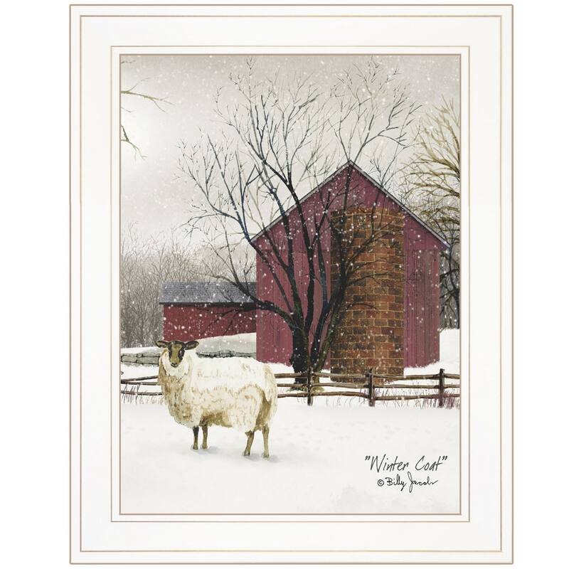 TrendyDecor4U Farmhouse "Winter Coat" Framed Print Wall Art by Billy Jacobs - Red, White, Brown, Tan, Black, Earth Tones,