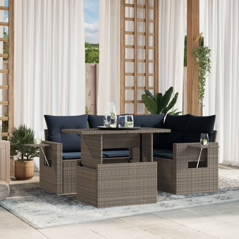 vidaXL Patio Sofa Set with Cushions Table and Couches 5 Piece Poly Rattan - Gray without storage