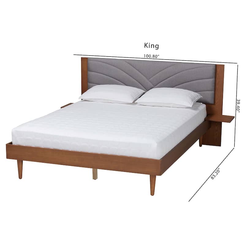 Hemera Mid-Century Modern Grey Fabric and Walnut Brown Wood Queen Size Platform Bed With Floating Side Table