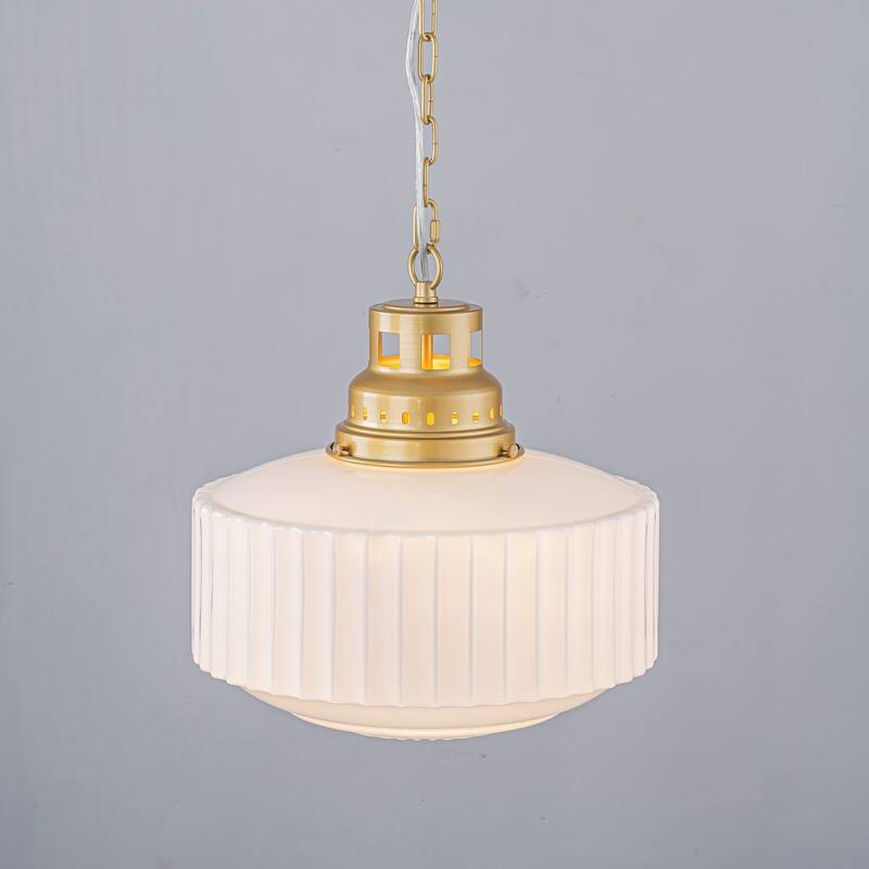 1-Light Mid-Century Modern Brass & White Ribbed Glass Pendant Light for Dining Room - 1 Light