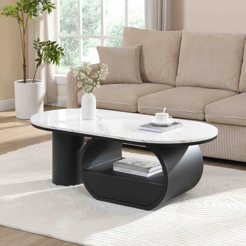 Luxury Industrial Oval Coffee Table, 47.24'' Coffee Table With Storage Drawer,Metal Center Table For Living Room - Black White