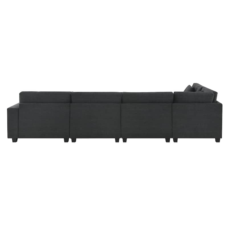 Chenille Sectional Sofa with Hidden Armrest Storage, Cup Holders, USB Charging Ports and Oversized Ottoman Chaise Lounge