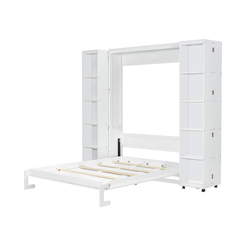 Queen Size Murphy Bed with Cabinets, Storage Wall Bed with Movable Bookcase, Wood Folding Bed Frame