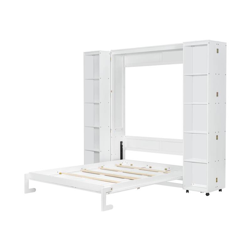 White Queen Murphy Bed with Storage Doors, Space-Saving Wall Bed