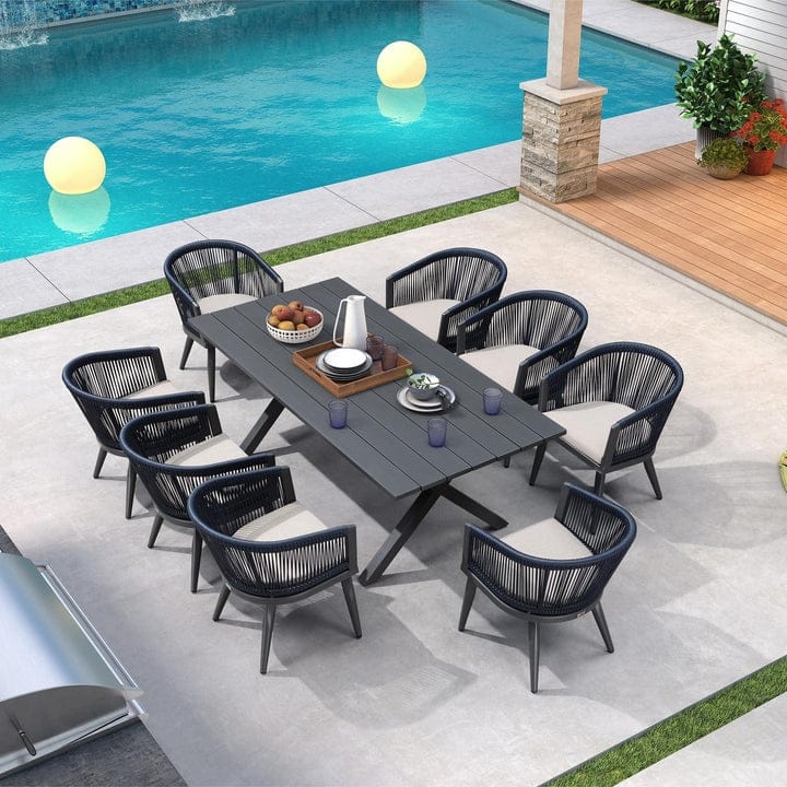 PURPLE LEAF Outdoor Dining Table Set All-Weather Aluminum with Wood Grain Table and Rope Woven Chairs