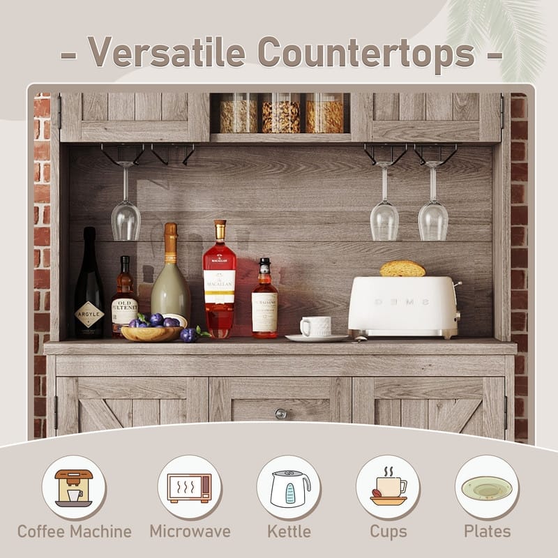 Farmhouse Home Bar Wine Storage Cabinet, Buffet Sideboard Kitchen Pantry with Adjustable Shelves, Drawers & Wine Glass Racks
