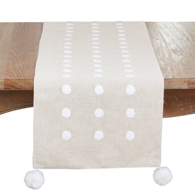 Textured Dot & Pom Detail Linen Blend Table Runner - Non-Reversible Lined Runner for Dining Tables & Consoles, 16"x70" - 16"x70" - Natural