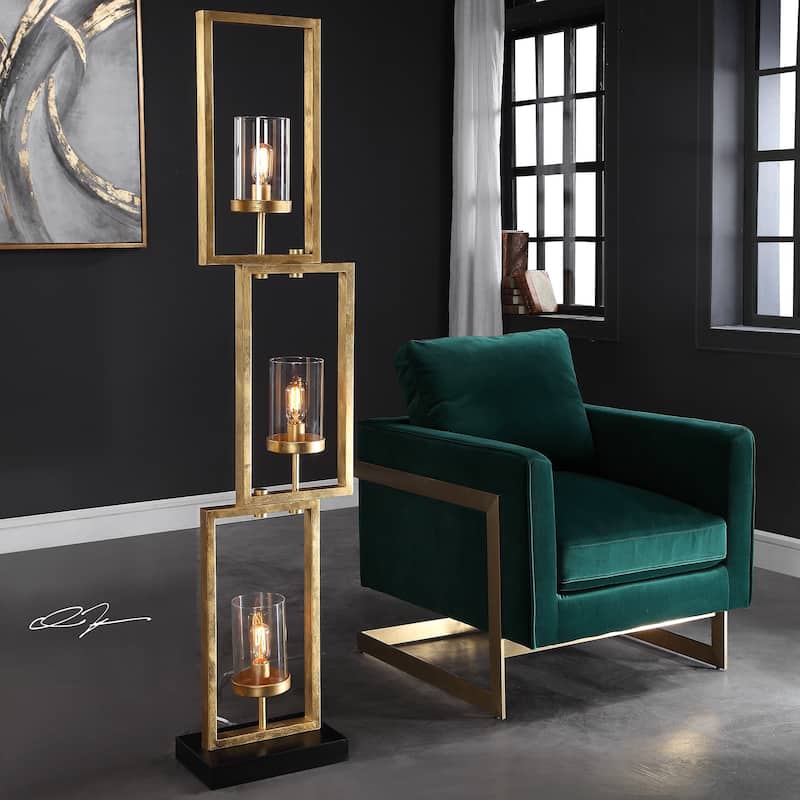 Staggered Rectangular Floor Lamp with Clear Glass Globes - 64.25" - Gold
