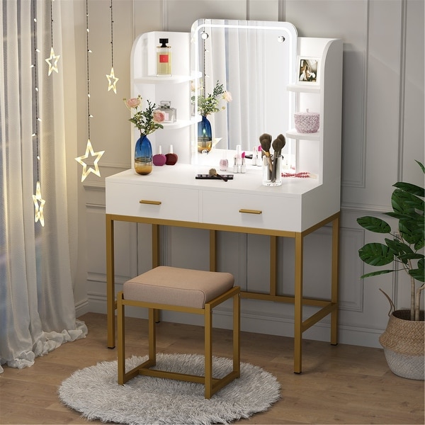 white vanity set with lighted mirror