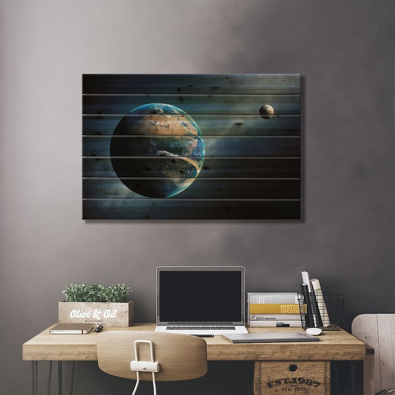 Earth And Moon Space View Print On Wood by Johan Swanepoel - Multi-Color